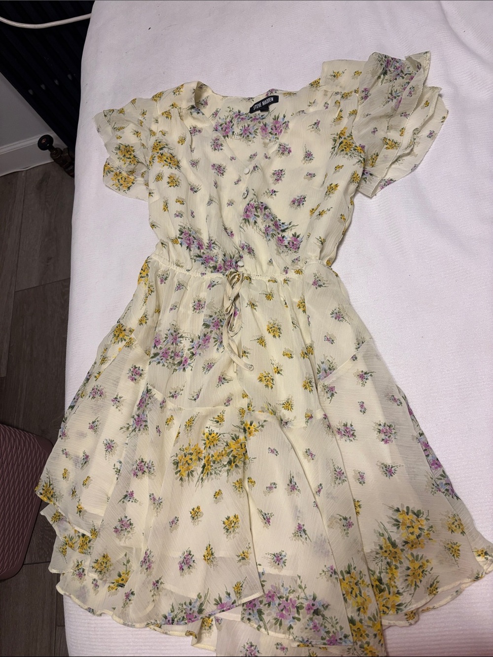 Steve Madden Cream Floral Tie-Waist Girls Dress